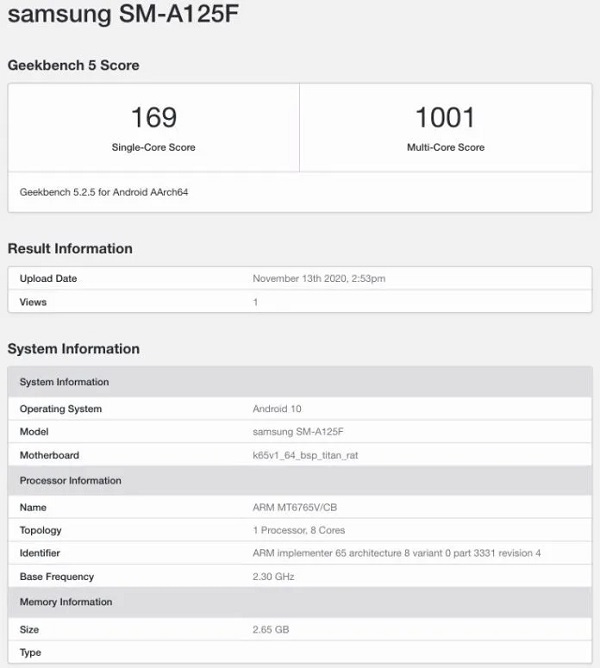 Galaxy A12 giá rẻ lộ cấu hình trên Geekbench với chip MediaTek Helio P35, RAM 3GB và chạy trên nền tảng Android 10 Galaxy A12 giá rẻ lộ cấu hình trên Geekbench với chip MediaTek Helio P35, RAM 3GB và chạy trên nền tảng Android 10
