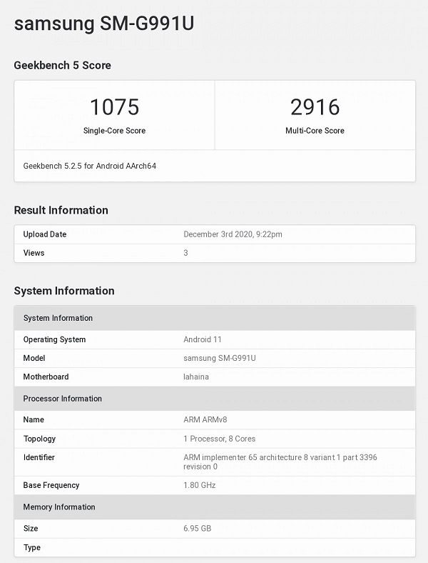 Samsung Galaxy S21 dùng chip Snapdragon 888, RAM 8GB, chạy Android 11 lộ điểm hiệu năng trên Geekbench