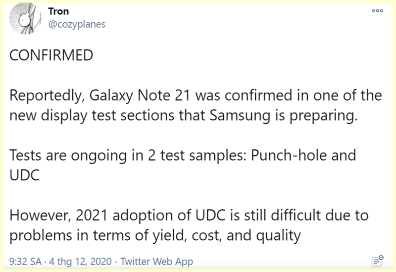 Galaxy Note 21 có thể là smartphone đầu tiên của Samsung được trang bị camera dưới màn hình Galaxy Note 21 có thể là smartphone đầu tiên của Samsung được trang bị camera dưới màn hình