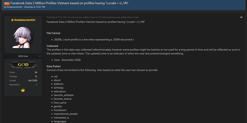 Bài viết chia sẻ dữ liệu chứa thông tin 2 triệu người dùng Facebook Việt Nam trên R*forums 