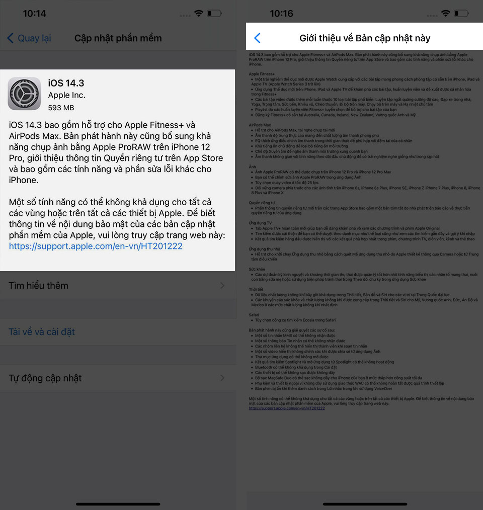 Thông tin về bản cập nhật iOS 14.3