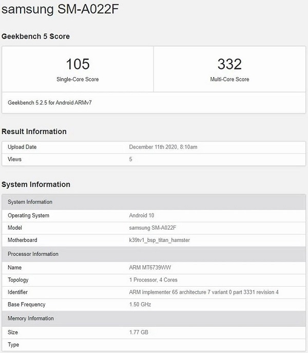 Smartphone giá rẻ Galaxy A02 lộ các thông số cấu hình chính cùng điểm hiệu năng trên nền tảng Geekbench Smartphone giá rẻ Galaxy A02 lộ các thông số cấu hình chính cùng điểm hiệu năng trên nền tảng Geekbench