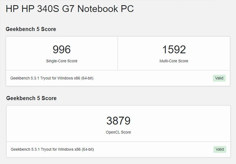 Đo CPU và hiệu năng của HP 340S G7 bằng Geekbench 5