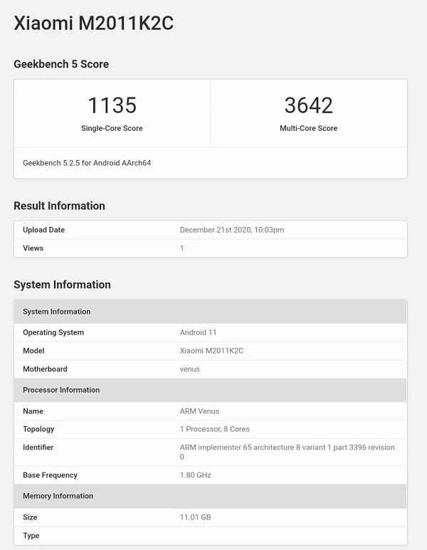 Xiaomi Mi 11 chạy Android 11, dùng chip Snapdragon 888, RAM 12GB lộ điểm sức mạnh trên Geekbench Xiaomi Mi 11 chạy Android 11, dùng chip Snapdragon 888, RAM 12GB lộ điểm sức mạnh trên Geekbench