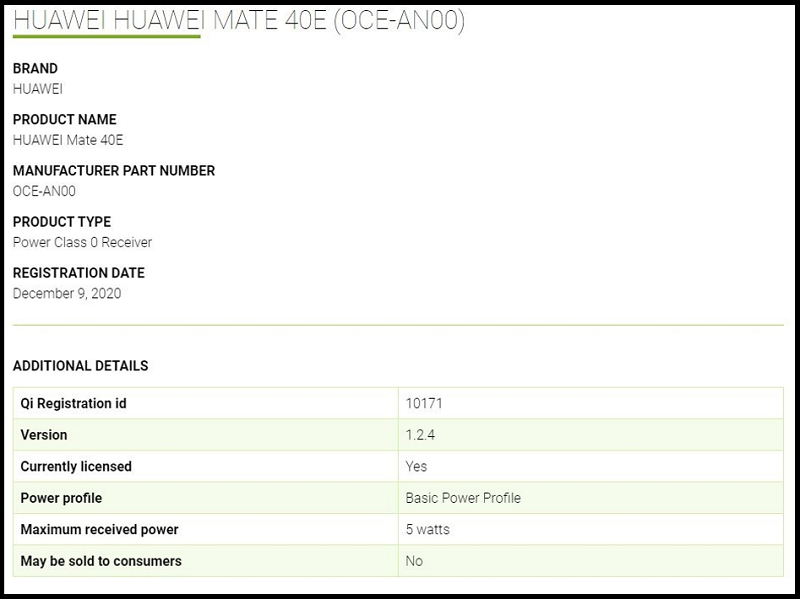 Chứng nhận của Huawei Mate 40E Chứng nhận của Huawei Mate 40E