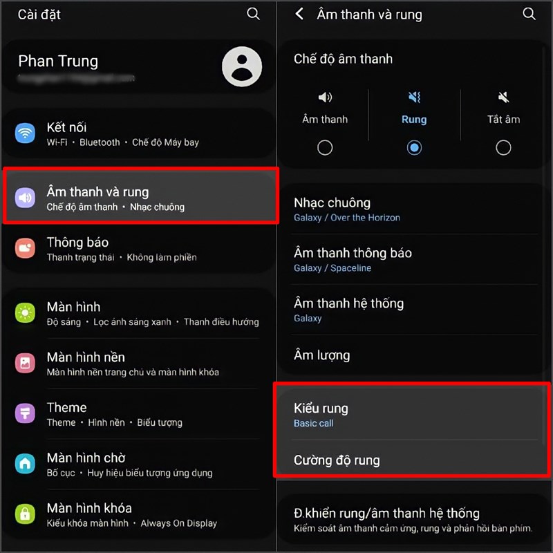 Điều chỉnh cường độ rung của từng thao tác Điều chỉnh cường độ rung của từng thao tác