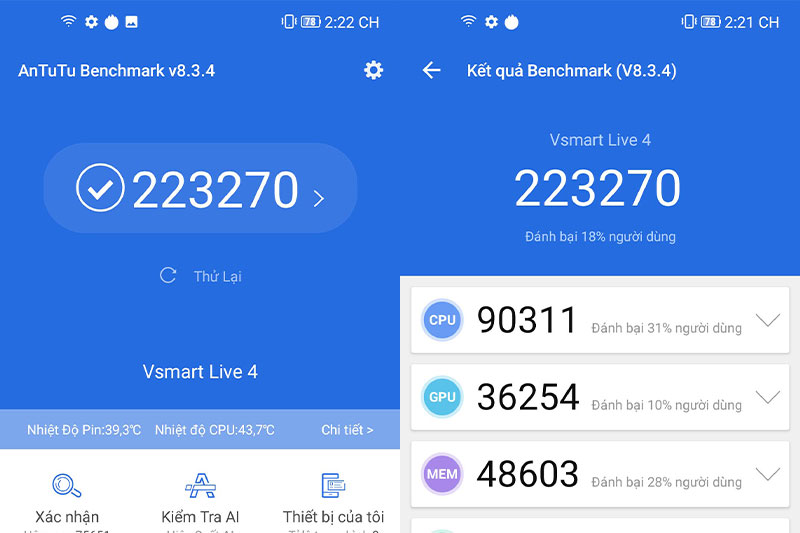 Điểm hiệu năng Vsmart Live 4