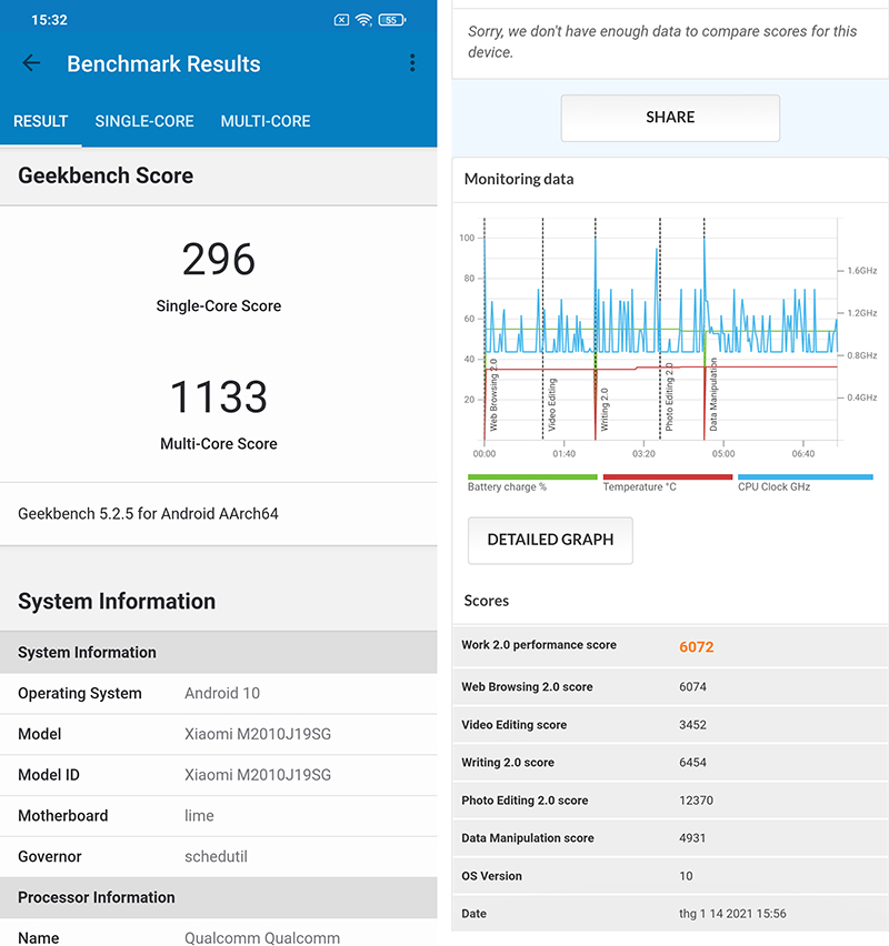 Test hiệu năng Redmi 9T bằng phần mềm GeekBench 5 (bên trái) và PCMark (bên phải).