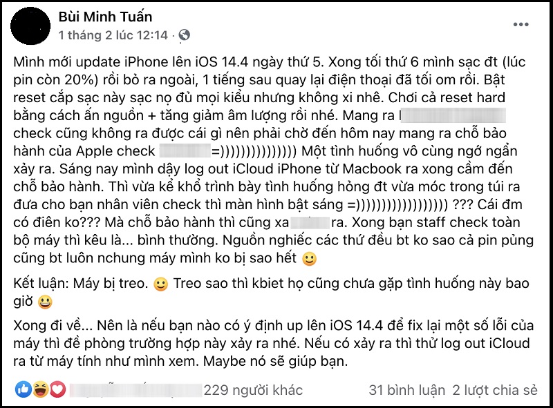 Chia sẻ từ một người dùng khi cập nhật ios 14.4 thì gặp phải lỗi khá... lạ.