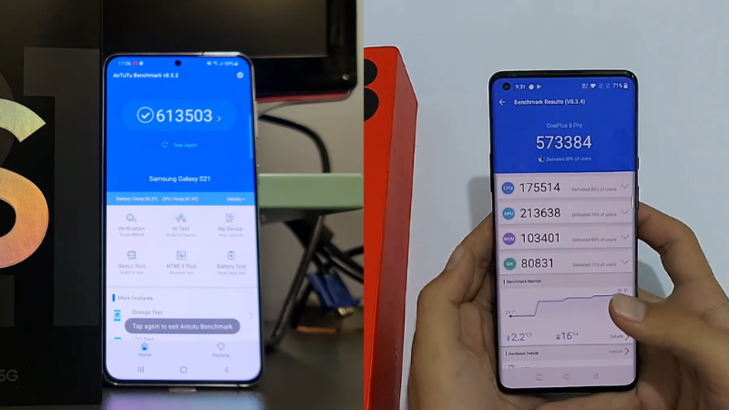 Với điểm AnTuTu thì có vẻ S21+ 5G lại tốt hơn so với OnePlu 8 Pro 5G. Với điểm AnTuTu thì có vẻ S21+ 5G lại tốt hơn so với OnePlu 8 Pro 5G. (Nguồn ảnh: FoneTech và Testphone).