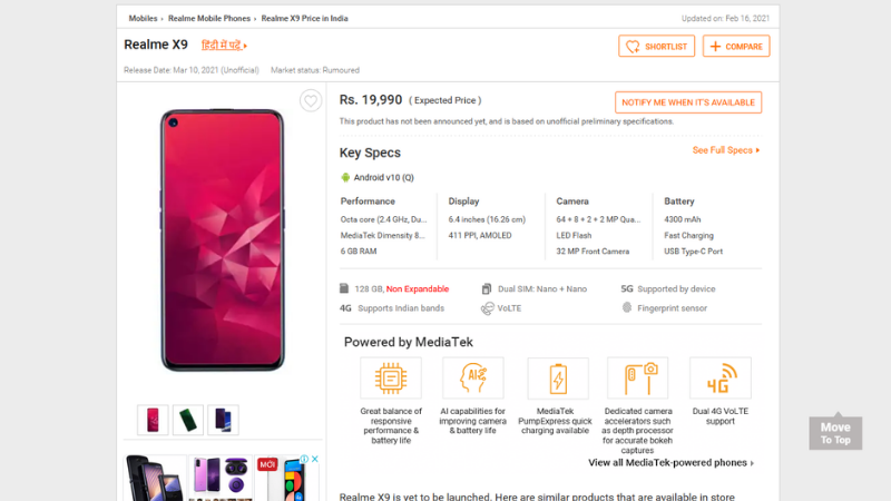 Rò rỉ thông số của Realme X9. (Nguồn: 91mobiles). Rò rỉ thông số của Realme X9. (Nguồn: 91mobiles).