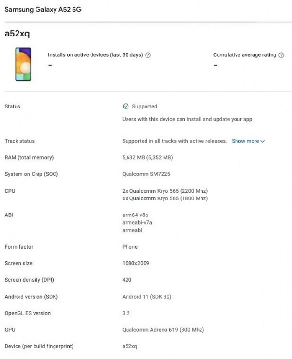 Galaxy A52 5G lộ diện Google Play Console