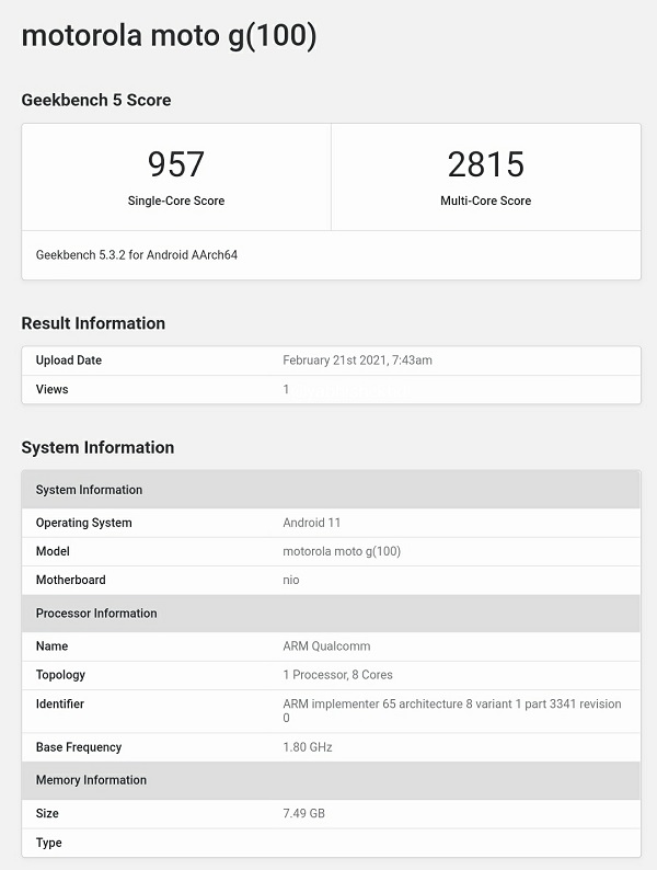 Moto G100 xuất hiện trên Geekbench Moto G100 xuất hiện trên Geekbench