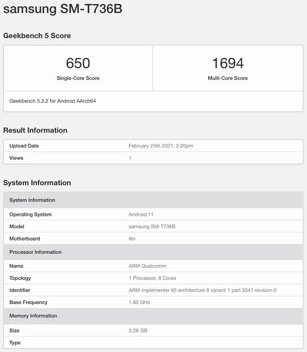 Samsung Galaxy Tab S7 Lite với chip Snapdragon 750G lộ điểm hiệu năng trên Geekbench Samsung Galaxy Tab S7 Lite với chip Snapdragon 750G lộ điểm hiệu năng trên Geekbench
