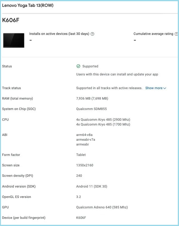 Tablet Lenovo Yoga Tab 13 với chip Snapdragon 855, RAM 8GB được phát hiện trên Google Play Console và Geekbench Tablet Lenovo Yoga Tab 13 với chip Snapdragon 855, RAM 8GB được phát hiện trên Google Play Console và Geekbench