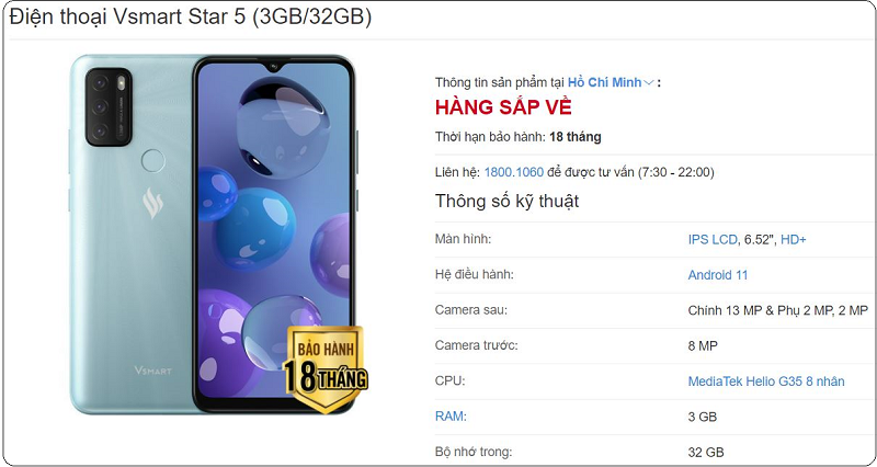 Cấu hình rò rỉ được cho là chính thức của Vsmart Star 5