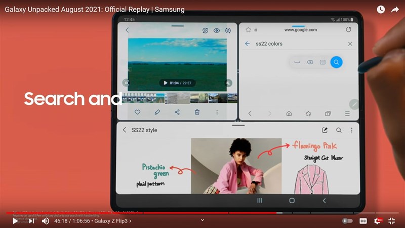 Kể từ phút 46 trở đi trong video livestream, các cụm từ gợi ý màu của Galaxy S22 đã xuất hiện. Nguồn: Samsung. Kể từ phút 46 trở đi trong video livestream, các cụm từ gợi ý màu của Galaxy S22 đã xuất hiện. Nguồn: Samsung.