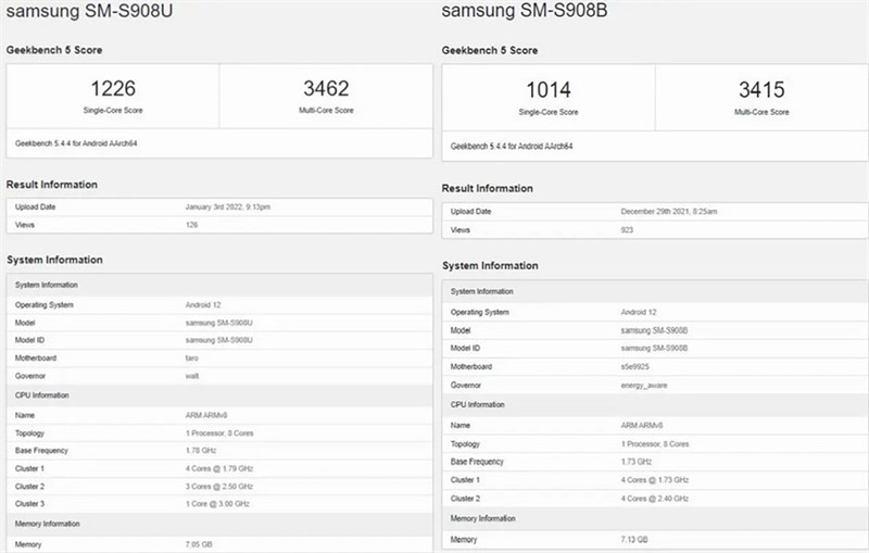Điểm hiệu năng GeekBench 5 của Galaxy S22 Ulltra phiên bản Snapdragon (bên trái) và Exynos (bên phải). Điểm hiệu năng GeekBench 5 của Galaxy S22 Ulltra phiên bản Snapdragon (bên trái) và Exynos (bên phải).