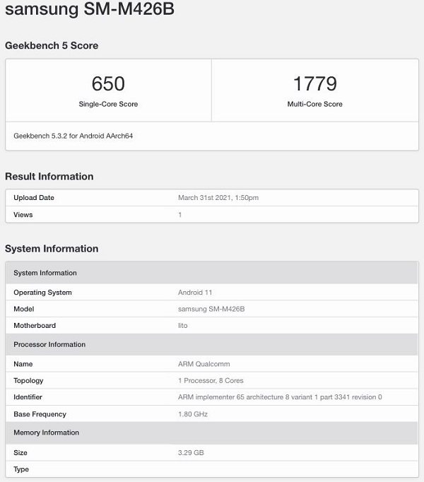 Samsung Galaxy M42 5G pin 6.000mAh vừa có mặt trên nền tảng Geekbench: Dùng chip Snapdragon 750G, chạy Android 11 Samsung Galaxy M42 5G pin 6.000mAh vừa có mặt trên nền tảng Geekbench: Dùng chip Snapdragon 750G, chạy Android 11