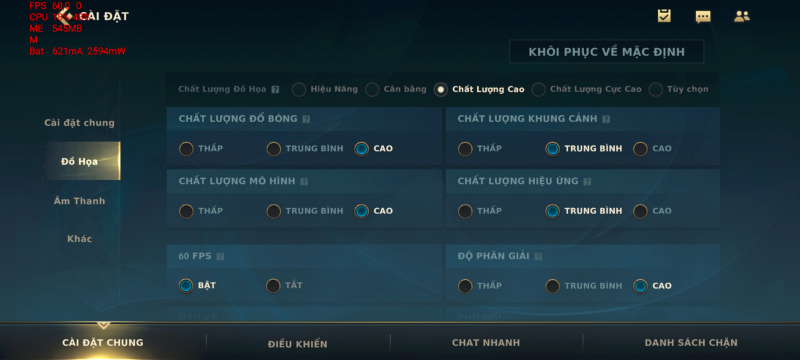 Các mức đồ họa trong game Liên Minh Huyền Thoại: Tốc Chiến mà Galaxy A52 5G có thể chỉnh được. Các mức đồ họa trong game Liên Minh Huyền Thoại: Tốc Chiến mà Galaxy A52 5G có thể chỉnh được.