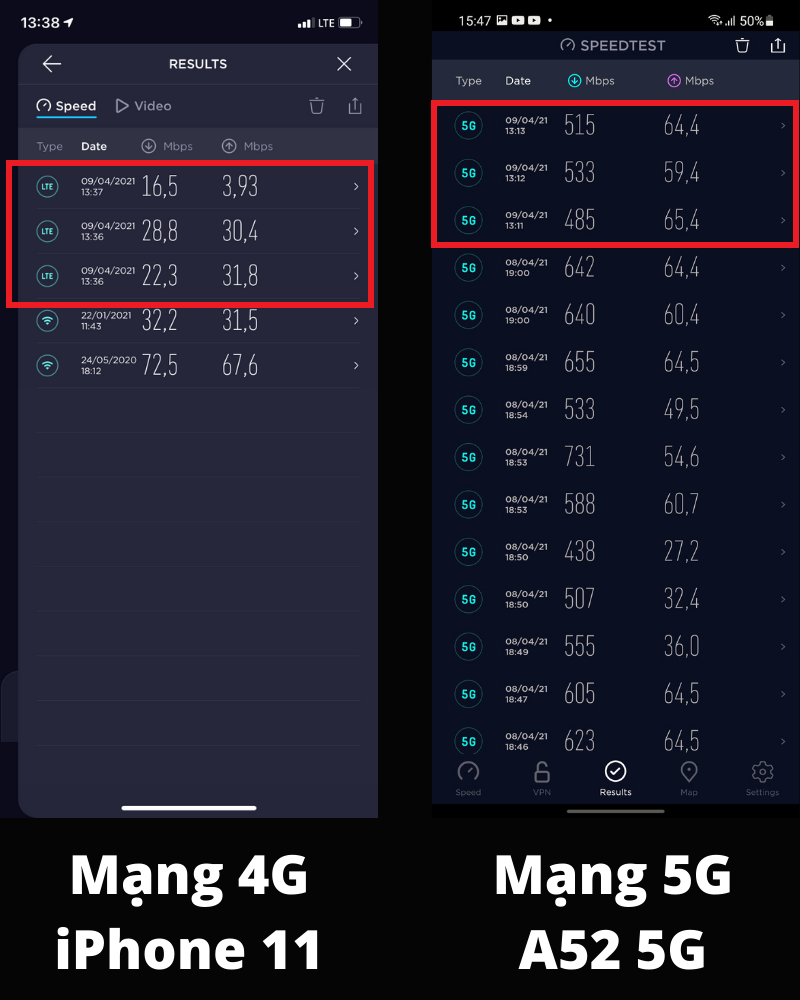 Tốc độ mạng 4G Viettel trên iPhone 11 (bên trái) và tốc độ mạng 5G Viettel trên Galaxy A52 5G (bên phải).