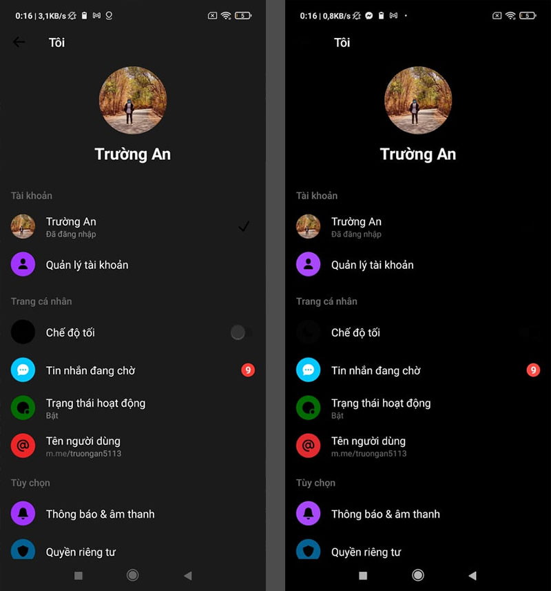 Chế độ Dark Mode khác nhau