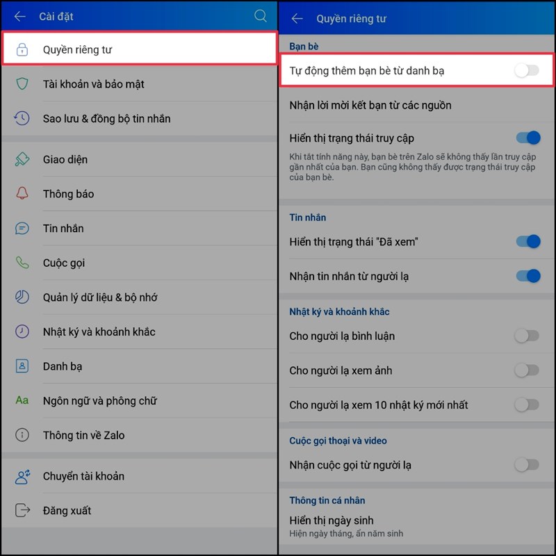 Chặn tự động cập nhật danh bạ điện thoại trên Zalo