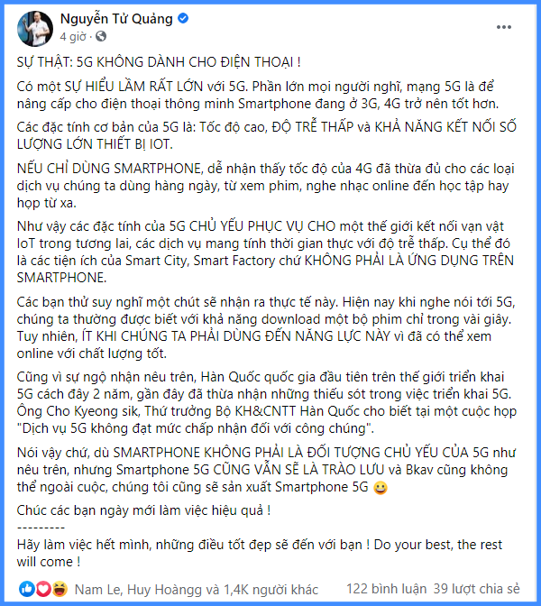 CEO Nguyễn Tử Quảng trải lòng về công nghệ mạng di động: 5G không dành cho điện thoại, nhưng hứa hẹn sẽ ra mắt smartphone 5G