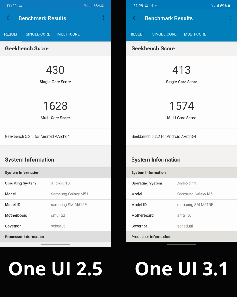 Điểm hiệu năng Geek Bench 5 của Galaxy M51 chạy One UI 2.5 (bên trái) và One UI 3.1 (bên phải).