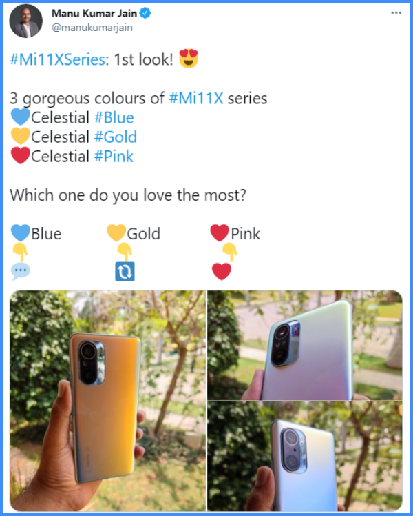 MD Manu Kumar Jain chia sẻ ảnh trên tay Xiaomi Mi 11X trên trang Twitter cá nhân