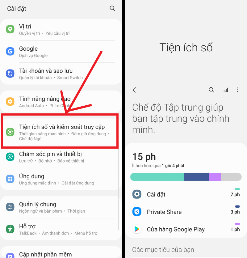 Tính năng tiện ích số (Digital Wellbeing) trên One UI sẽ phần nào giúp bạn kiểm soát được thời gian sử dụng smartphone.