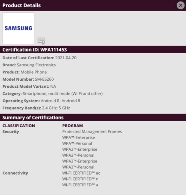 Wi-Fi Alliance phê duyệt SM-E5260, được cho là tên mã của Galaxy F52 5G