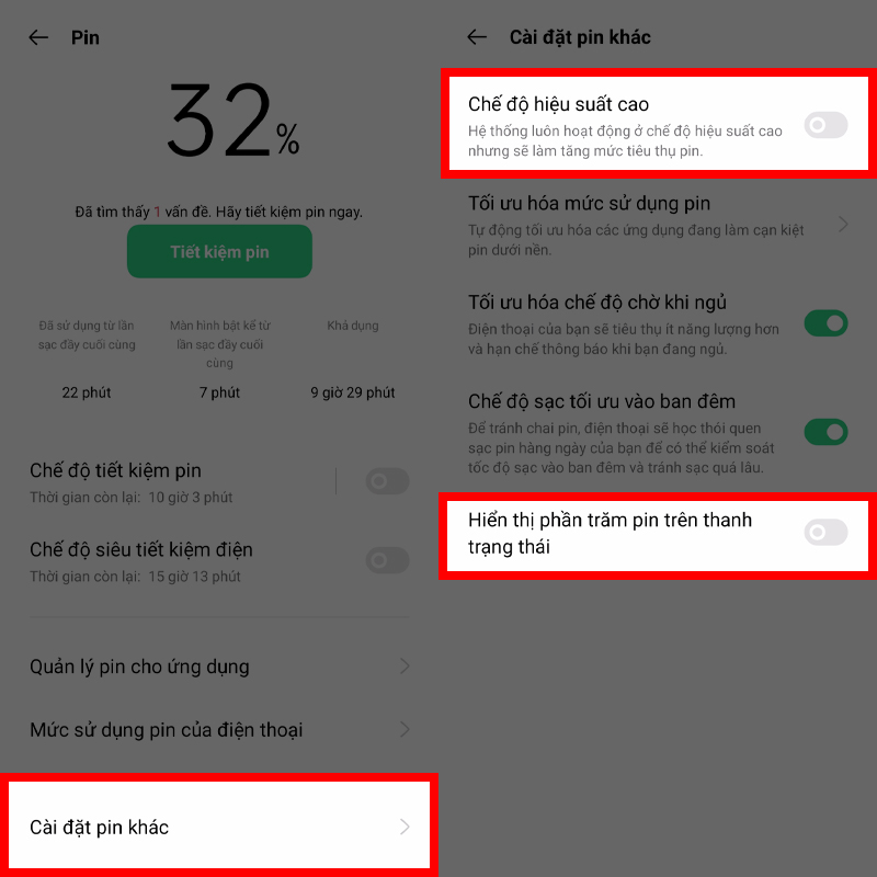 Hiển thị % pin và chỉnh chế độ sử dụng pin