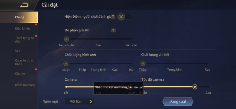 Cấu hình của tựa game Liên Quân Mobile.