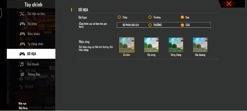 Thiết lập đồ họa trong Free Fire mà Vivo Y72 5G chỉnh được.
