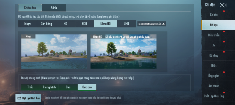 Thiết lập đồ họa trong game PUBG Mobile mà iPhone 12 Pro Max có thể chỉnh được.