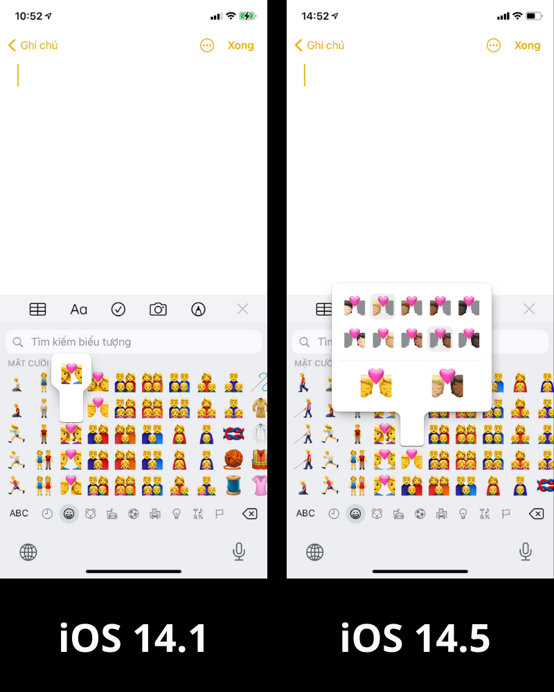 iPhone 12 Pro Max sau khi lên iOS 14.5 có một số emoji mới (bên phải).