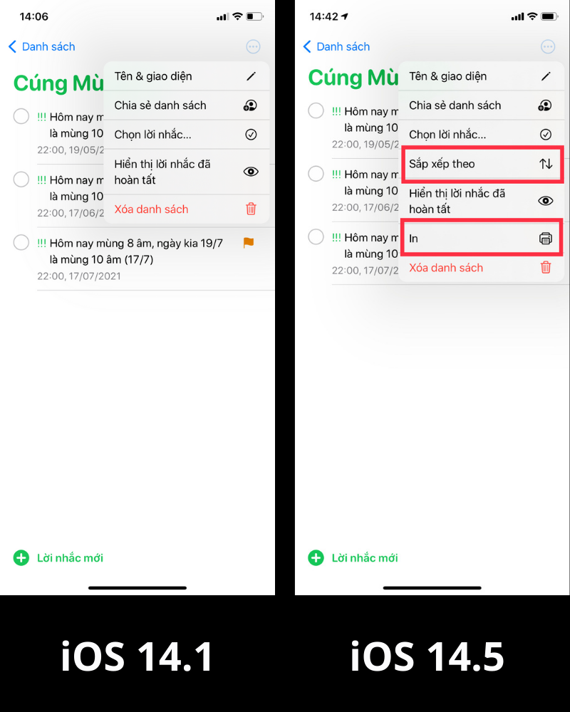 Mình có thể xếp lời nhắc xếp theo từng mục như: ngày đến hạn, ngày tạo, mức ưu tiên hoặc tiêu đề trên iOS 14.5.