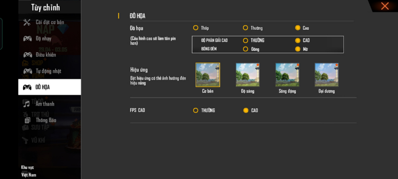 Thiết lập đồ họa trong Free Fire mà Realme 8 Pro có thể chỉnh được.