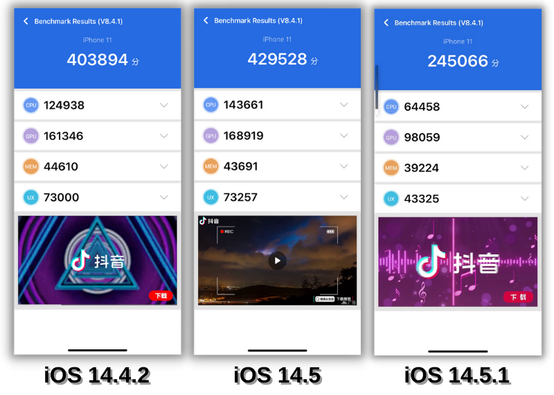 Điểm AnTuTu của iPhone 11 chạy iOS 14.4.2 (bên trái), iOS 14.5 (ở giữa) và iOS 14.5.1 (bên phải).