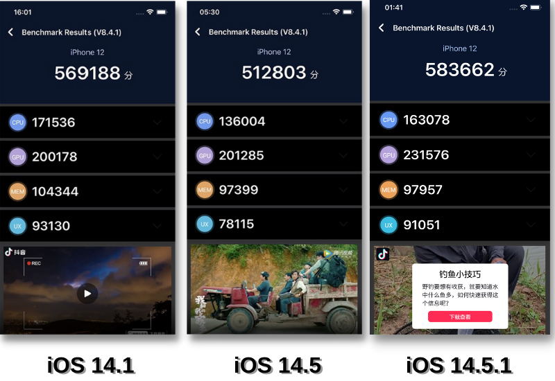 So sánh điểm AnTuTu Benchmark của iOS 14.1 (bên trái), iOS 14.5 (ở giữa) và iOS 14.5.1 (bên phải). So sánh điểm AnTuTu Benchmark của iOS 14.1 (bên trái), iOS 14.5 (ở giữa) và iOS 14.5.1 (bên phải).