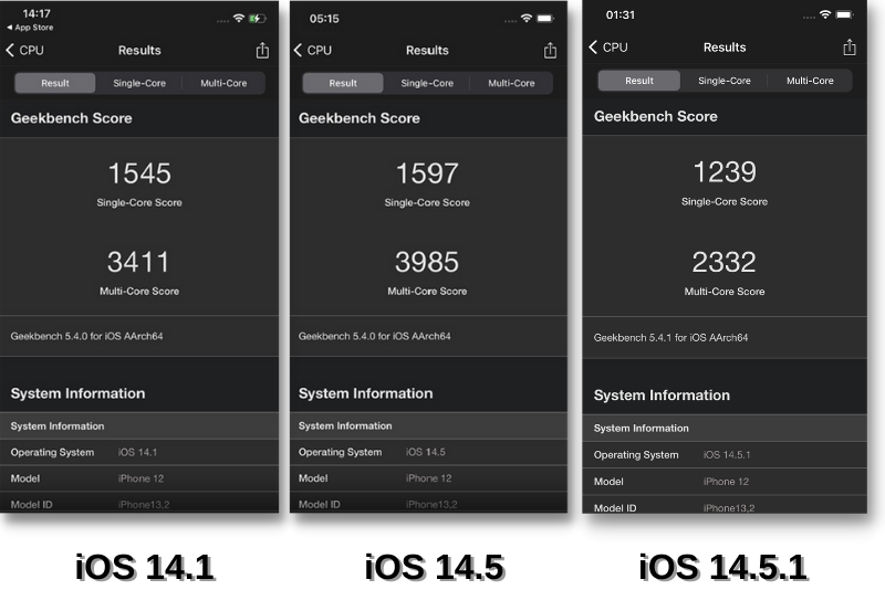 So sánh điểm Geekbench 5 của iOS 14.1 (bên trái), iOS 14.5 (ở giữa) và iOS 14.5.1 (bên phải). So sánh điểm Geekbench 5 của iOS 14.1 (bên trái), iOS 14.5 (ở giữa) và iOS 14.5.1 (bên phải).