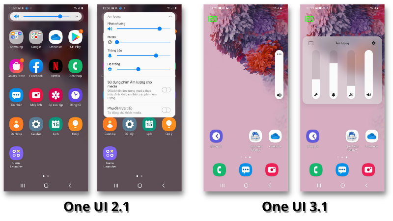 Giao diện điều chỉnh âm lượng của Galaxy S20 chạy One UI 2.1 (bên trái) và One UI 3.1 (bên phải)