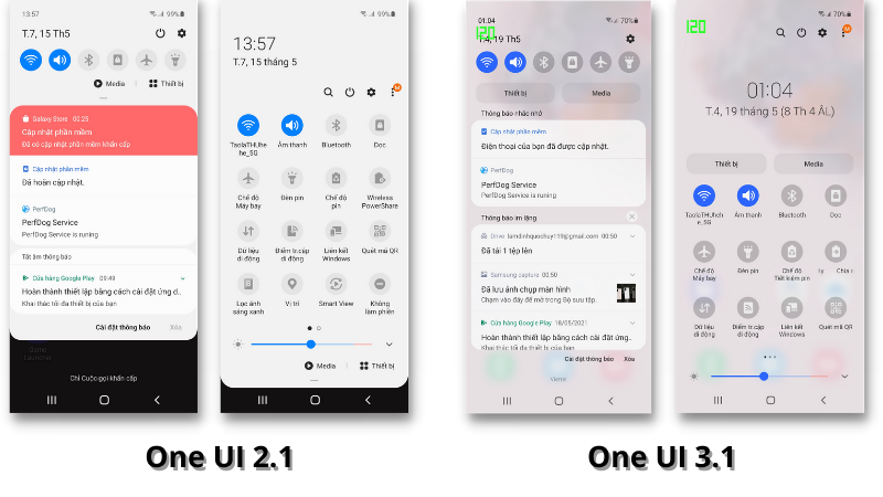 Giao diện thanh thông báo trên Galaxy S20 chạy One UI 2.1 (bên trái) và One UI 3.1 (bên phải).
