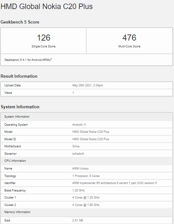 Nokia C20 Plus xuất hiện trên Geekbench