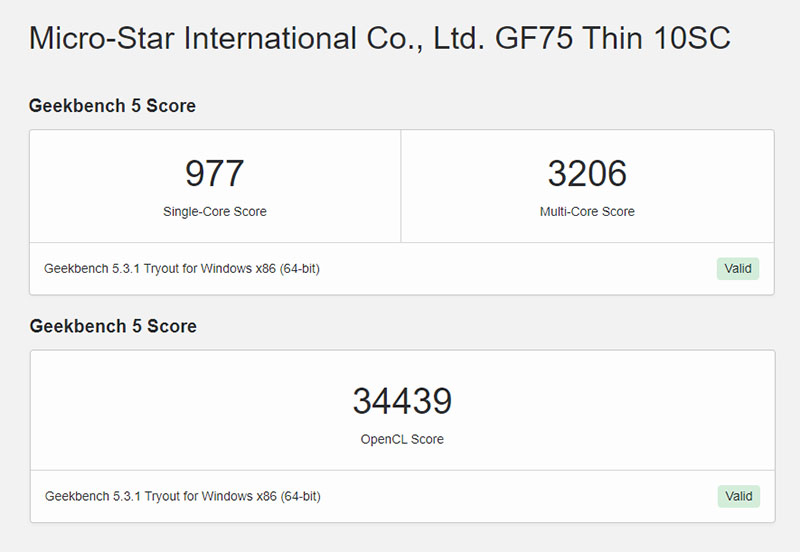 Đo CPU và hiệu năng của MSI GF75 Thin 10SCXR bằng Geekbench 5