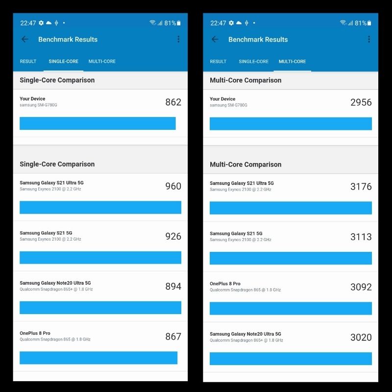 Điểm đơn nhân và đa nhân trên Samsung Galaxy S20 FE đo bằng ứng dụng Geekbench 5