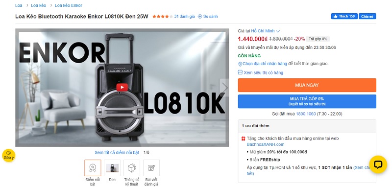 Loa Kéo Bluetooth Karaoke Enkor L0810K Đen 25W Loa Kéo Bluetooth Karaoke Enkor L0810K Đen 25W
