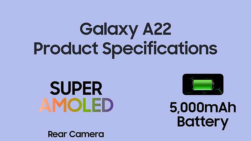 Samsung Galaxy A22 có viên pin 5.000 mAh và sạc nhanh 15 W Samsung Galaxy A22 có viên pin 5.000 mAh và sạc nhanh 15 W