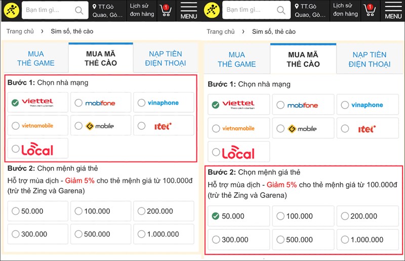 các bước mua thẻ cào điện thoại